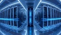 Futuristic Data Center Server Room with Blue Lights and Data Streams Royalty Free Stock Photo
