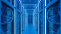 Futuristic Data Center Server Room with Blue Neon Lights Royalty Free Stock Photo