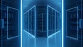 Futuristic Data Center Server Room with Blue Neon Lights and Rows of Racks Royalty Free Stock Photo