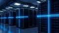 Futuristic Data Center Server Room with Blue Neon Lights, Technology Background Royalty Free Stock Photo