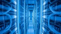 Futuristic Data Center Server Room Corridor with Blue Neon Lights Royalty Free Stock Photo