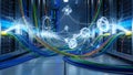Data Center Server Room with Fiber Optic Cables and Digital Energy Flow Royalty Free Stock Photo