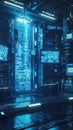 Futuristic Data Center Server Room with Glowing Blue Holographic Information Screens and Advanced Digital Interface, High Tech Royalty Free Stock Photo