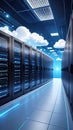 Futuristic Data Center Server Room with Glowing Blue Lines and Cloud Elements Royalty Free Stock Photo