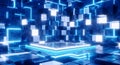 Futuristic data center server room with glowing blue neon lights and digital network hologram technology concept Royalty Free Stock Photo