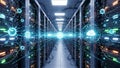 Futuristic data center server room with glowing blue network connections and cloud icons technology Royalty Free Stock Photo