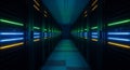 Futuristic data center server room with glowing green and blue lights indicating high tech computing environment Royalty Free Stock Photo
