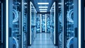 Modern Data Center Server Room with Blue Lights and Cables, Cloud Computing Royalty Free Stock Photo