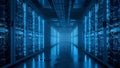 Data Center Server Room with Blue Neon Lights, AI Technology, Network Room, Futuristic Data Storage Royalty Free Stock Photo