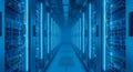Data Center Server Room with Illuminated Blue Lights Royalty Free Stock Photo