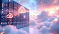 Futuristic data center servers in a dreamlike sky of clouds and stars representing cloud computing Royalty Free Stock Photo
