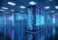 A futuristic data center with several tall, illuminated server racks. Blue neon circuit-like Royalty Free Stock Photo