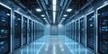 Futuristic Data Center A sprawling data center filled with rows of illuminated server racks. Cool blue LED lights glow along Royalty Free Stock Photo