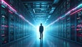 Futuristic data center with technology officer. Digitalization lines streaming through servers. SAAS, cloud computing, web Royalty Free Stock Photo