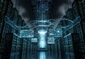 Futuristic data center with towering servers lining both sides, connected by virtual networks Royalty Free Stock Photo