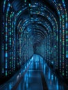 Futuristic data center tunnel with glowing blue and green lights Royalty Free Stock Photo