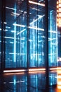 Futuristic Data Center with Vertical Blue Neon Lights Portrait Images Generative AI Royalty Free Stock Photo