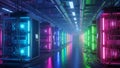 Futuristic Data Center with Vibrant Neon-Lit Servers and IT Professionals Royalty Free Stock Photo