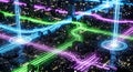 Futuristic Data City Digital Network Grid with Neon Light Streams Royalty Free Stock Photo