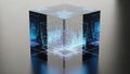 Futuristic data cube with glowing blue circuits and graphs Royalty Free Stock Photo