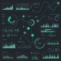 A futuristic data dashboard visualization with a dark background and teal, green,