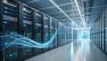Futuristic data flow visualization in a modern server room Royalty Free Stock Photo