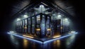visualizing a modern Data Technology Center, with server racks in a dark room enhanced by visual effects