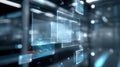 Futuristic Data Interface Overlay: Blurry Tech Background with Glowing Blue Abstract HUD Screens, Boxes, and Digital Information Royalty Free Stock Photo