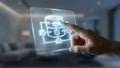 Futuristic Data Management: Hand Touching Database Network Interface Royalty Free Stock Photo