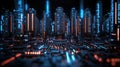 A futuristic data server farm featuring tall, glowing towers with blue and orange lights. Royalty Free Stock Photo