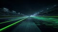 Futuristic Data Stream Perspective with Neon Green Lines and Dynamic Digital Landscape at Night Royalty Free Stock Photo