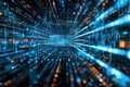 Futuristic data stream tunnel with glowing lights conveying speed and technology