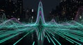 Futuristic data stream with vibrant glowing lines and blurred cityscape background Royalty Free Stock Photo