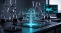 Futuristic data tree hologram displayed on a tablet in a science laboratory setting Royalty Free Stock Photo