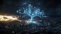Futuristic data tree illuminates digital landscape at dusk symbolizing technology and nature\'s harmony Royalty Free Stock Photo