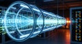 Futuristic data tunnel with glowing digital information flowing through network servers in modern data center technology concept Royalty Free Stock Photo