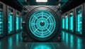 Futuristic data vault with glowing blue interface in server room. Secure storage for digital info and cyber security concept. Royalty Free Stock Photo