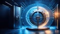 futuristic data vault with holographic display, showcasing advanced encryption and cryptocurrency visualization. secure