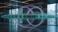 Futuristic Data Visualization: Abstract Interconnected Networks and Glowing Energy Forms in a Modern Corporate Environment Royalty Free Stock Photo