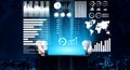 Futuristic Data Visualization with Charts, Graphs and Global Map on Digital Tablet Display in Business Environment Royalty Free Stock Photo