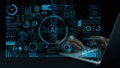 Futuristic Data Visualization Concept Featuring Artificial Intelligence Analysis and Graphs Overlaid on a Laptop in a Royalty Free Stock Photo