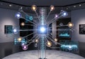 Futuristic data visualization display in a modern gallery. Central column with illuminated digital Royalty Free Stock Photo