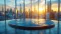 futuristic cityscape backdrop with financial data visualization, modern office setting with a sunrise over a blurred urban skyline Royalty Free Stock Photo