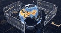 Futuristic data visualization globe with network connections surrounded by analytical charts and graphs on digital screens Royalty Free Stock Photo