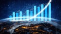 Futuristic data visualization with glowing graphs and charts over Earth, showcasing financial growth, technology, and Royalty Free Stock Photo