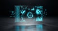 Futuristic data visualization interface with analytical graphs and circular patterns on dark background Royalty Free Stock Photo