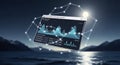 Futuristic Data Visualization Interface Displaying Real-Time Wave Analysis Under Night Sky Royalty Free Stock Photo