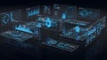 Futuristic Data Visualization Interface with Glowing Blue Charts and Graphs on Transparent Screens Royalty Free Stock Photo
