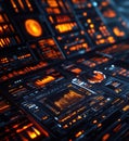 Futuristic data visualization interface with glowing orange elements and graphs Royalty Free Stock Photo