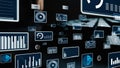 Futuristic Data Visualization Interface with Graphs, Charts, and Analytics Displayed on a Digital Screen Background in a Royalty Free Stock Photo